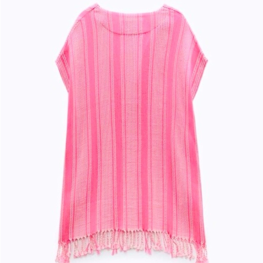 Zara Fringe Rustic Caftan Swim Cover Up pink & white stripes S/M NWT - Picture 5 of 14